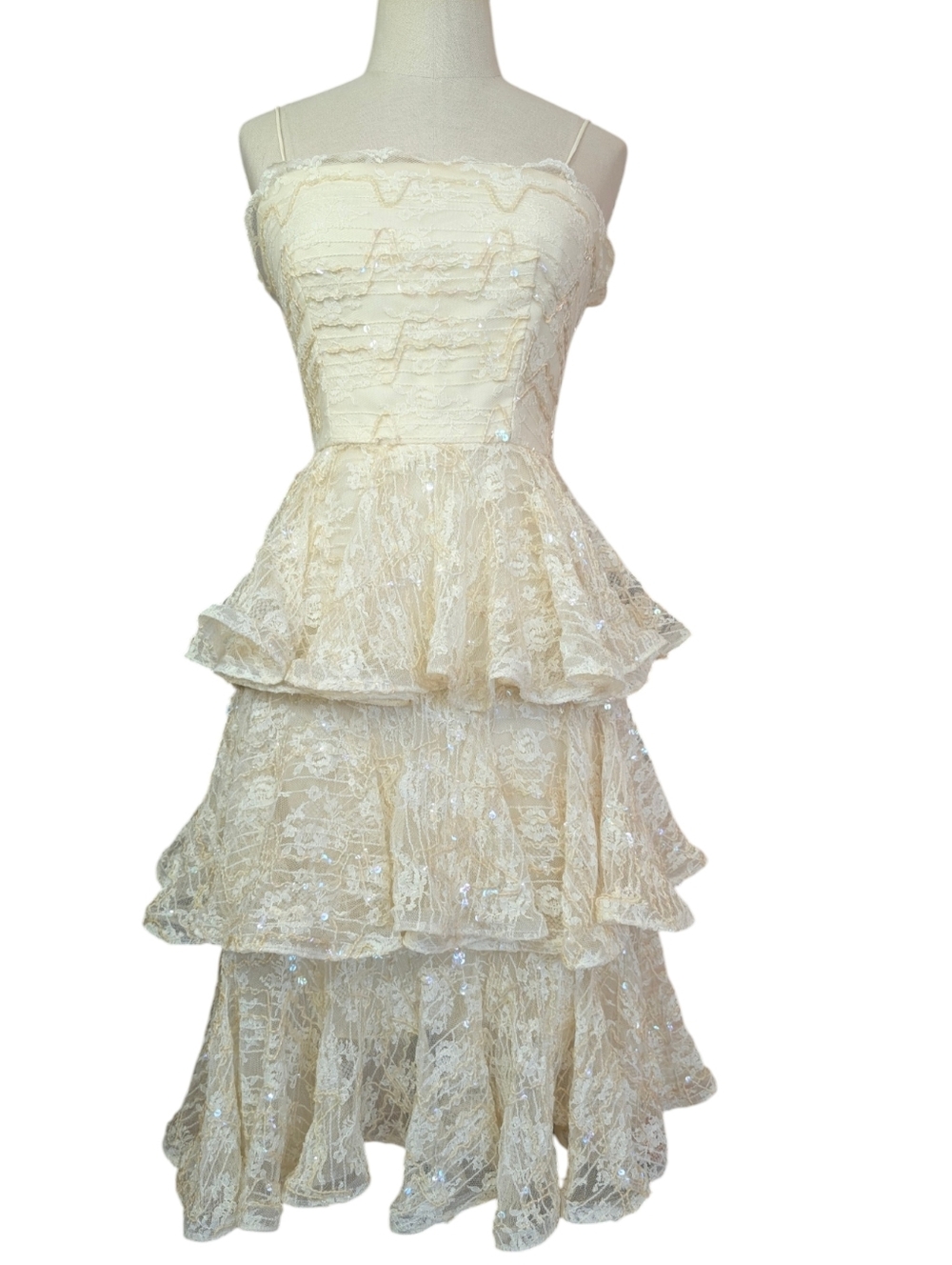 Vintage 80s After Five Tiered, Ruffled, Sequin & Lace Midi Dress. Size 8
